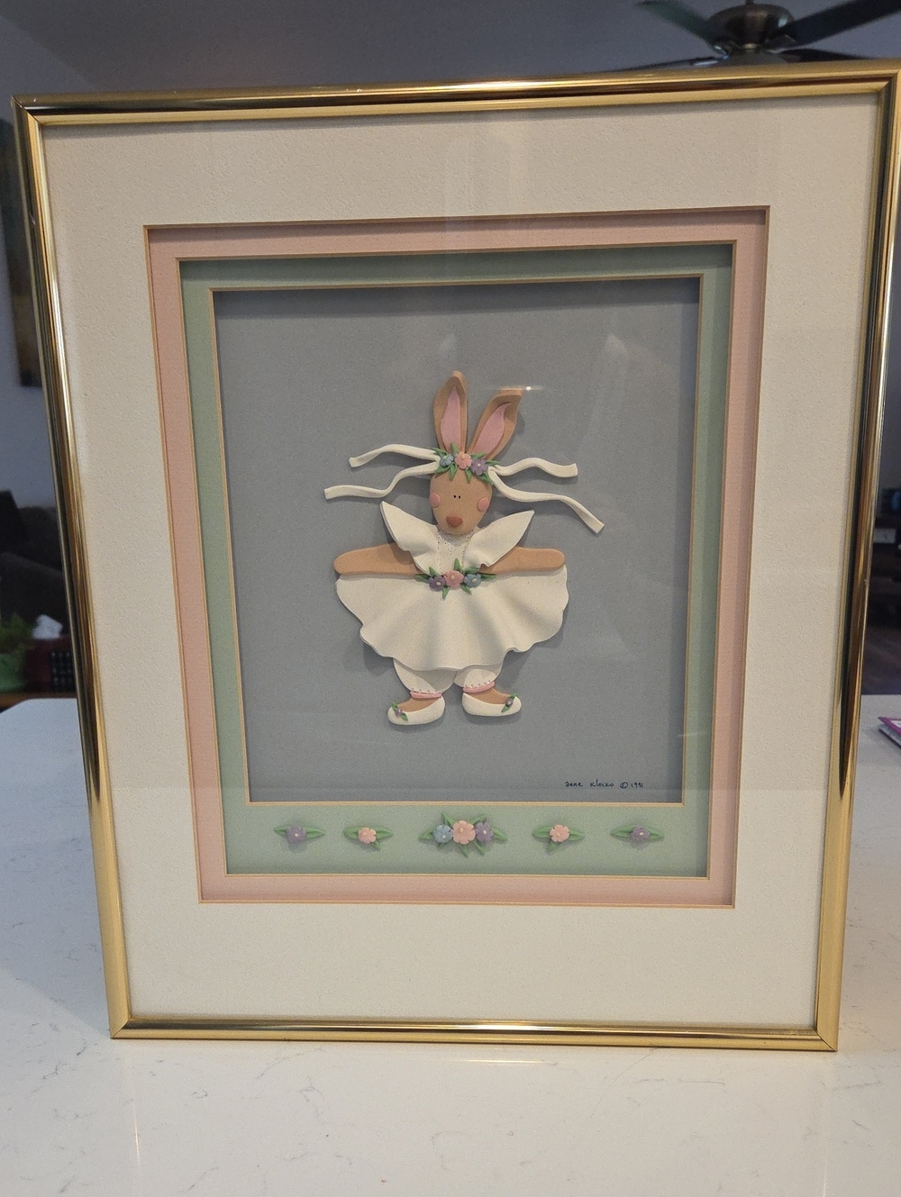 Anne Klocko 1991 Clay Art. Gold Framed Artwork with Soft Neutral 3-D Mat